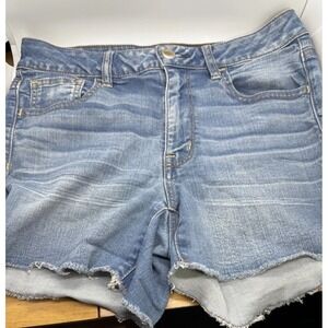 AMERICAN EAGLE JEAN SHORTS HI RISE SHORTIE SIZE 10 SUPER STRETCH CUT OFF  A25
